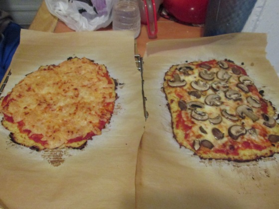 Cauliflower pizzas: dairy free cheese on the left, mozzarella and mushrooms on the right
